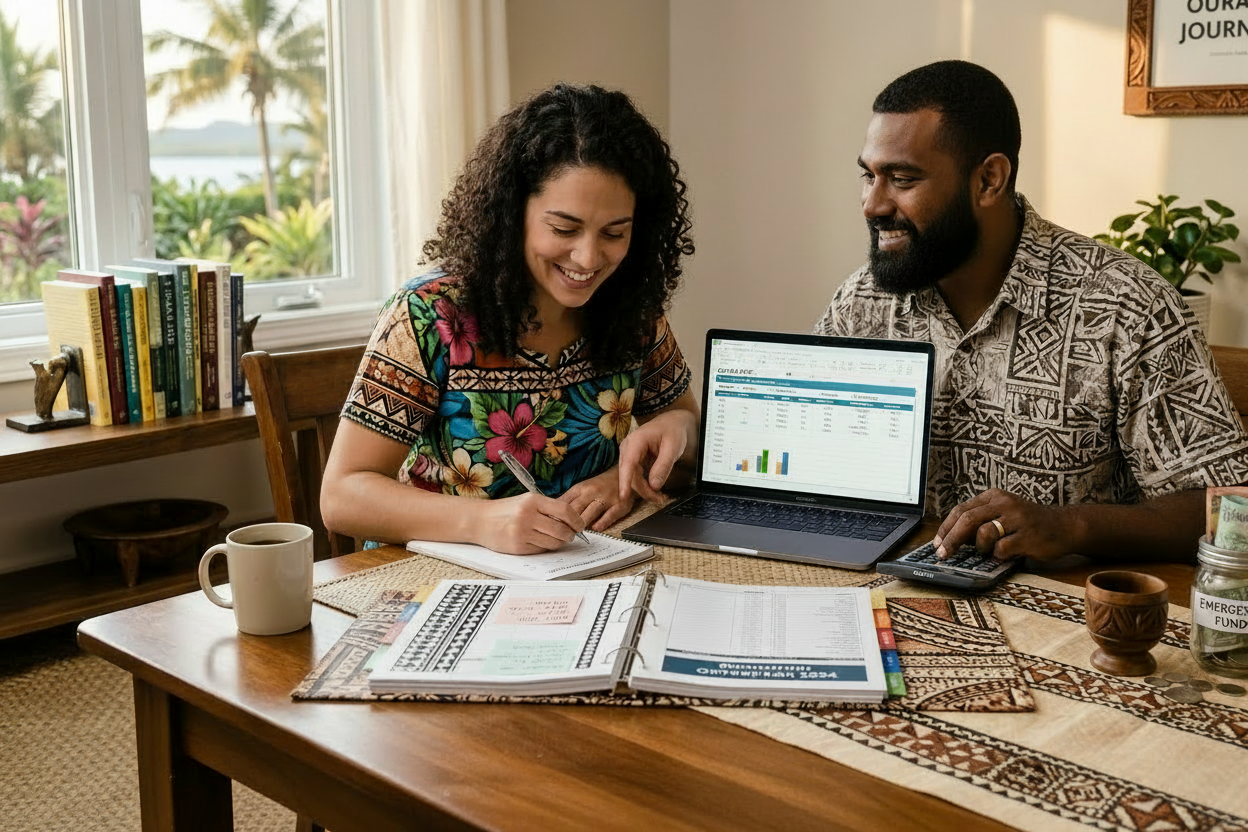 Two people working together on a laptop at a table with books and a cup.