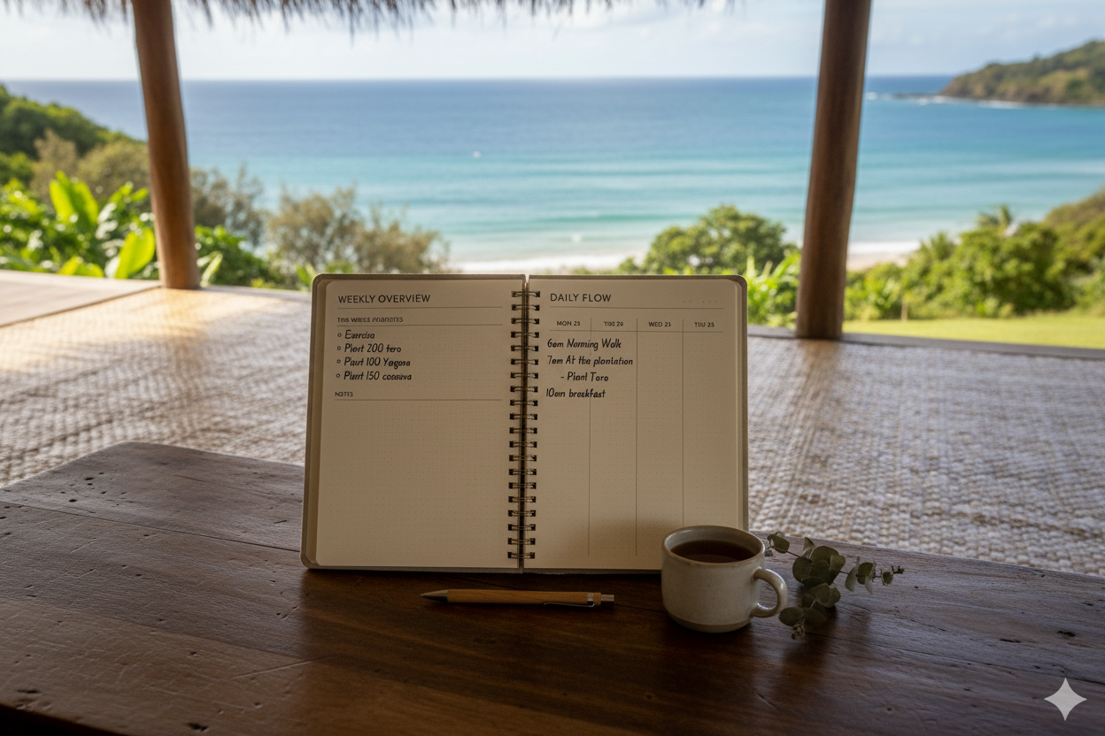 Open planner on a table with a view of the ocean